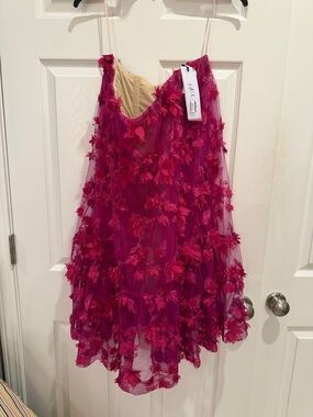 Fuchsia Floral Appliqué Mini Dress with Spaghetti Straps